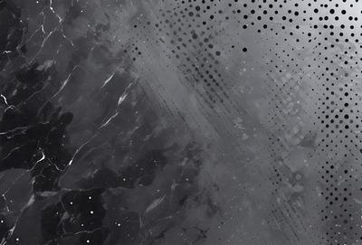 The primary subject of the image is a black and white photo of a marble surface. The setting is a dark room with a patterned background. The visual style is a close-up of the marble surface, which appears to be a wall or a countertop. The colors and mood of the image are predominantly dark, with the marble surface being the main focus.