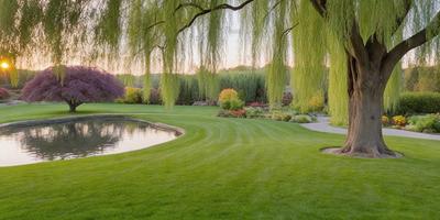 The primary subject of the image is a large, lush green field with a pond in the middle. The field is surrounded by a variety of trees, creating a serene and natural setting. The visual style of the image is a photo, capturing the beauty of the landscape. The colors and mood of the scene are predominantly green, with the grass and trees providing a sense of tranquility and harmony with nature.