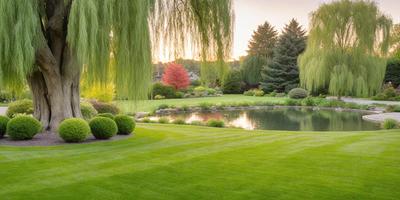 The primary subject of the image is a beautifully maintained lawn with a pond in the middle. The lawn is surrounded by trees, creating a serene and peaceful atmosphere. The setting is a residential area with a house nearby. The visual style of the image is a photo, capturing the natural beauty of the lawn and pond. The colors and mood of the image are predominantly green, with the grass and trees providing a sense of tranquility and relaxation.