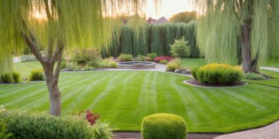 The primary subject of the image is a well-maintained, lush green lawn with a circular garden in the middle. The setting is a backyard with a variety of plants and flowers, creating a beautiful and serene atmosphere. The visual style of the image is a photo, capturing the vibrant colors and intricate details of the garden. The colors and mood of the scene are predominantly green, with a touch of red from the flowers, creating a sense of tranquility and natural beauty.