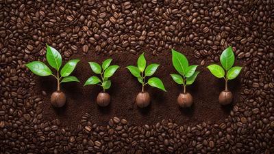 The primary subject of the image is a row of five coffee beans, each in a different stage of growth. The beans are planted in a dirt field, and they are surrounded by a coffee bean field. The visual style of the image is a photo, capturing the natural growth of the coffee beans. The colors and mood of the image are earthy and natural, with the coffee beans being the main focus.