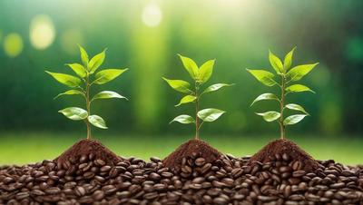 The primary subject of the image is a pair of green plants growing in the ground. The plants are surrounded by coffee beans, creating a unique and visually appealing scene. The setting is outdoors, with a natural environment visible in the background. The visual style of the image is a combination of photo and digital art, creating a realistic yet artistic representation of the plants and coffee beans. The colors and mood of the image are predominantly green and earthy, reflecting the natural environment and the growth of the
