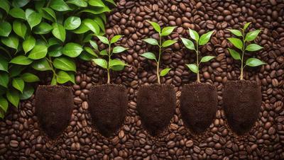 The primary subject of the image is a group of four small coffee plants growing in small pots. The plants are placed on a surface covered with coffee beans, creating a visually appealing and natural setting. The plants are in various stages of growth, with some appearing to be more mature than others. The overall atmosphere of the image is one of freshness and vitality, as the plants are thriving in their environment.