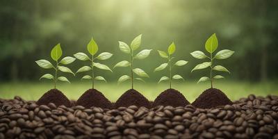 The primary subject of the image is a group of four small green plants growing in the ground. They are surrounded by a lush green environment, which adds to the overall atmosphere of the scene. The visual style of the image is a combination of photo and digital art, creating a realistic yet artistic representation of the plants. The colors in the image are predominantly green, which adds to the natural and serene mood of the scene.