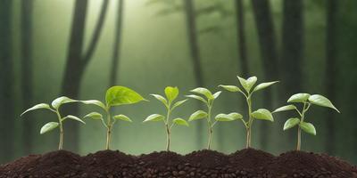 The primary subject of the image is a group of five small green plants growing in a dirt field. The plants are surrounded by a forest, which serves as the setting and background of the scene. The visual style of the image is a photo, capturing the natural growth of the plants in their environment. The colors and mood of the image are predominantly green, with a sense of life and growth.