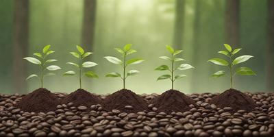 The primary subject of the image is a group of four small green plants growing in the ground. They are surrounded by a forest-like setting, with trees visible in the background. The plants are growing in a dirt field, and the overall atmosphere is lush and natural. The visual style of the image is a photo, capturing the beauty of the plants in their natural environment.