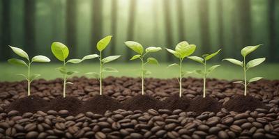 The primary subject of the image is a group of four green coffee beans, each growing in a separate pile of coffee beans. The setting is a field of coffee beans, with the beans spread out in various piles. The visual style is a close-up of the coffee beans, showcasing their growth and texture. The colors are predominantly green, with the beans appearing fresh and vibrant. The overall atmosphere is one of growth and natural beauty, as the coffee beans sprout and develop