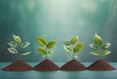 The primary subject of the image is a group of four small green plants, each growing in a small pot filled with soil. The plants are placed on a table, and the setting appears to be a greenhouse or a similar indoor environment. The visual style of the image is a photo, capturing the plants in their natural growth. The colors and mood of the image are predominantly green, which is consistent with the plants' growth and the overall atmosphere of the scene.