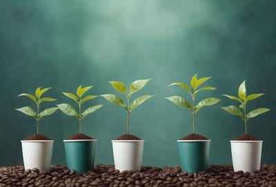 The primary subject of the image is a group of five small green plants, each growing in a small white pot. The plants are placed on a surface covered with coffee beans, creating a visually appealing and unique setting. The overall atmosphere of the image is lively and vibrant, with the green plants and coffee beans providing a sense of freshness and energy.