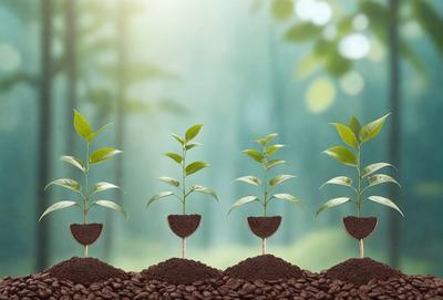 The primary subject of the image is a group of four small plants growing in separate pots. The plants are placed in a dirt field, surrounded by a forest-like setting. The visual style of the image is a photo, capturing the natural growth of the plants in their pots. The colors and mood of the image are predominantly earthy tones, with a sense of tranquility and connection to nature.