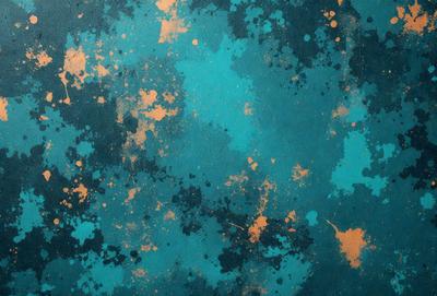 The primary subject of the image is a blue and orange painting with a mottled texture. The setting is a wall, and the visual style appears to be a painting or a digital artwork. The dominant colors are blue and orange, creating a vibrant and lively atmosphere.