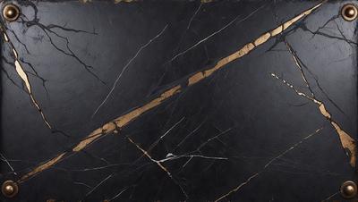 The primary subject of the image is a black marble countertop with a gold streak running through it. The setting is a kitchen, and the visual style is a close-up of the marble countertop. The colors and mood of the image are predominantly black and gold, giving it a luxurious and elegant appearance.