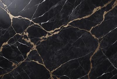 The primary subject of the image is a black marble countertop with gold accents. The setting is a kitchen or bathroom, as the countertop is a part of a counter. The visual style is a close-up of the marble countertop, showcasing its intricate design and texture. The dominant colors are black and gold, creating a luxurious and elegant atmosphere.