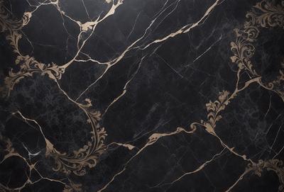 The primary subject of the image is a marble wall with a gold pattern. The setting is a room with a black background. The visual style is a close-up of the marble wall, showcasing the intricate gold pattern. The colors and mood of the image are predominantly black and gold, creating a luxurious and elegant atmosphere.
