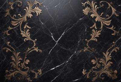 The primary subject of the image is a marble countertop with a black background. The countertop features a decorative design with gold accents, giving it an elegant and luxurious appearance. The visual style of the image is a close-up of the marble countertop, highlighting its intricate details and patterns. The colors and mood of the image are predominantly black and gold, creating a sophisticated and timeless atmosphere.