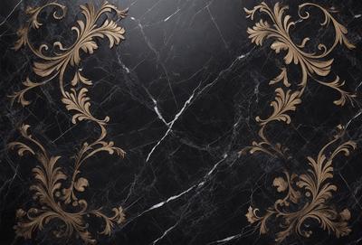 The primary subject of the image is a marble countertop with a black background. The countertop features a decorative design with gold accents, giving it an elegant and luxurious appearance. The visual style of the image is a close-up of the countertop, showcasing its intricate details and patterns. The colors and mood of the image are predominantly black and gold, creating a sophisticated and timeless atmosphere.
