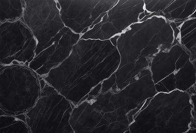 The primary subject of the image is a black marble countertop. The setting is a kitchen, with the countertop being the main focus of the scene. The visual style is a close-up of the marble countertop, showcasing its texture and pattern. The colors and mood of the image are predominantly dark, with the black marble countertop being the main source of contrast.
