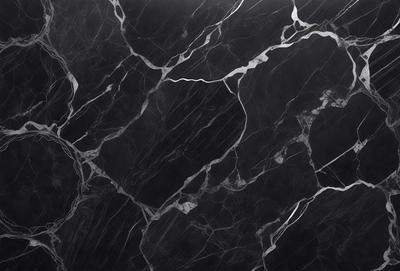 The primary subject of the image is a black marble countertop. The setting is a kitchen, with the countertop being the main focus of the scene. The visual style is a close-up of the marble countertop, showcasing its texture and pattern. The colors and mood of the image are predominantly dark, with the black marble countertop being the main source of contrast.