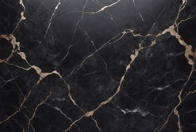 The primary subject of the image is a black marble countertop with gold veins. The setting is a kitchen, and the visual style is a close-up of the marble countertop. The colors and mood of the image are dark and elegant, with the gold veins adding a touch of luxury and sophistication.