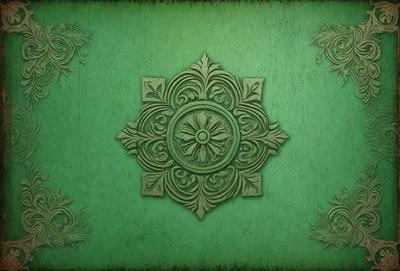 The primary subject of the image is a decorative, intricately carved, and ornate green design. The setting is a green background, which complements the design. The visual style is a combination of digital art and illustration, creating a unique and artistic appearance. The colors and mood of the image are predominantly green, giving it a serene and calming atmosphere.