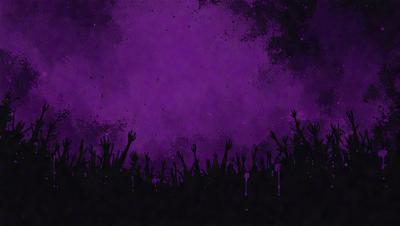 The image is a black and white illustration of a purple sky with a group of hands reaching upwards. The hands are scattered throughout the scene, with some closer to the foreground and others further in the background. The overall atmosphere of the image is mysterious and somewhat eerie, with the hands seemingly reaching out towards the viewer.
