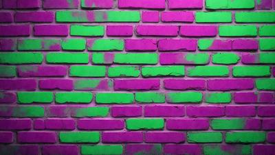 The primary subject of the image is a purple and green brick wall. The setting is a brick wall with a green and purple color scheme. The visual style is a close-up of the brick wall, showcasing its unique color combination. The colors and mood of the image are vibrant and lively, creating a visually striking scene.
