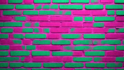 The primary subject of the image is a brick wall painted in a combination of pink, green, and purple. The setting is a brick wall, and the visual style appears to be a photo. The dominant colors and overall atmosphere of the image are vibrant and lively, with the pink, green, and purple colors creating a unique and eye-catching pattern.