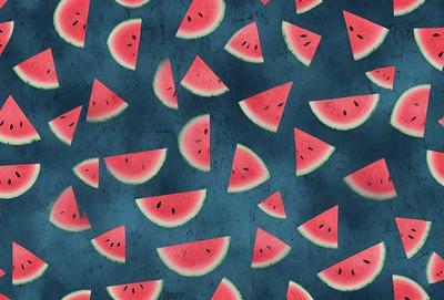 The primary subject of the image is a pattern of watermelon slices. The setting is a blue background, and the visual style is a digital art or illustration. The dominant colors are pink and blue, creating a fresh and vibrant atmosphere.