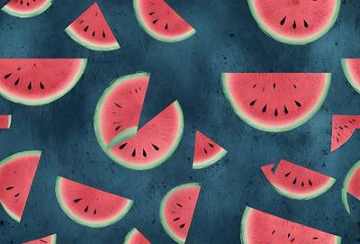 The primary subject of the image is a pattern of sliced watermelons. The watermelons are depicted in various stages of being cut, with some appearing whole and others in half or quarters. The setting is a blue background, which provides a contrasting color to the watermelons. The visual style is a combination of digital art and illustration, creating a vibrant and eye-catching design. The dominant colors are pink and green, which are associated with watermelons and convey a