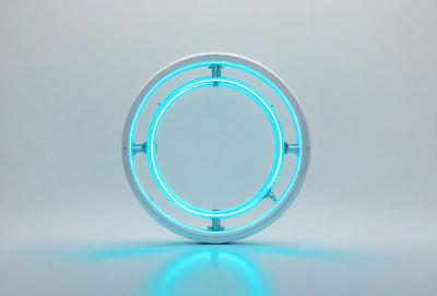 The primary subject of the image is a large, round, blue light with a white background. The light appears to be a neon sign or a light fixture, and it is the main focus of the image. The setting is a white background, which provides a clean and minimalist appearance. The visual style is a close-up of the light, emphasizing its shape and color. The colors and mood of the image are predominantly blue and white, creating a calm and serene atmosphere.