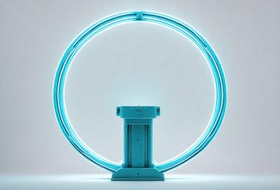 The primary subject of the image is a blue light, which is illuminating a blue circle. The setting is a white background, and the visual style appears to be a digital art or illustration. The dominant colors in the image are blue and white, creating a calm and serene atmosphere.