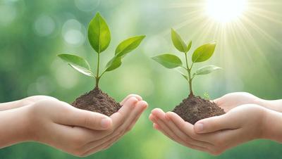 The image features two small plants, each in a separate hand. The plants are growing in the soil, and the hands are holding the soil, showcasing the growth of the plants. The scene is set in a green environment, with the plants and the hands being the primary focus of the image. The visual style is a close-up of the plants and the hands, highlighting the details of the plants and the soil. The colors and mood of the image are lively and positive, as the plants are growing and thriving