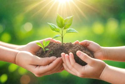The primary subject of the image is a person holding a small plant in their hands. The person's hands are positioned around the plant, which is placed in a small hole of dirt. The scene takes place outdoors, with a grassy background visible. The image is a photo, capturing the person's interaction with the plant. The colors in the image are predominantly green, representing the natural environment and the plant itself. The overall atmosphere of the image is one of care and nurturing, as the person