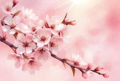 The primary subject of the image is a branch with pink flowers on it. The setting is a pink background, which adds to the overall mood of the scene. The visual style is a painting, which gives the image a more artistic and detailed appearance. The colors and mood of the image are predominantly pink, creating a warm and inviting atmosphere.