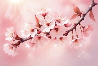 The primary subject of the image is a branch with pink flowers on it. The setting is a pink background, which adds to the overall mood of the scene. The visual style is a combination of photo and digital art, creating a realistic yet artistic representation of the flowers. The colors and mood are predominantly pink, giving the image a warm and inviting atmosphere.