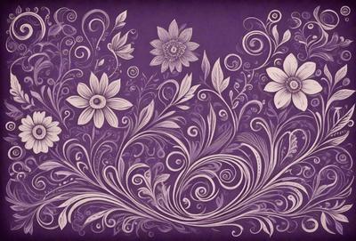The primary subject of the image is a purple floral pattern, featuring a variety of flowers and swirls. The setting is a purple background, which complements the floral design. The visual style is a combination of digital art and illustration, creating a unique and eye-catching pattern. The dominant colors are purple and white, giving the image a calm and soothing atmosphere.