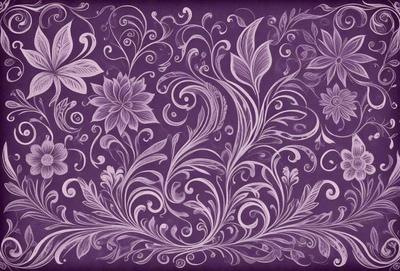 The primary subject of the image is a purple floral pattern, featuring a variety of flowers and swirls. The setting is a purple background, which complements the floral pattern. The visual style is a combination of digital art and illustration, creating a unique and artistic design. The dominant colors are purple and white, giving the image a calm and elegant atmosphere.
