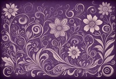 The primary subject of the image is a purple floral pattern, featuring a variety of flowers and swirls. The setting is a purple background, which complements the floral design. The visual style is a combination of digital art and illustration, creating a unique and eye-catching pattern. The dominant colors are purple and white, giving the image a calm and soothing atmosphere.