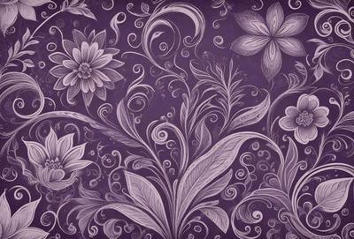 The primary subject of the image is a purple floral pattern, featuring a variety of flowers and leaves. The setting is a purple background, which complements the floral design. The visual style is a combination of digital art and illustration, creating a unique and artistic appearance. The dominant colors are purple and various shades of green, giving the image a calming and serene atmosphere.