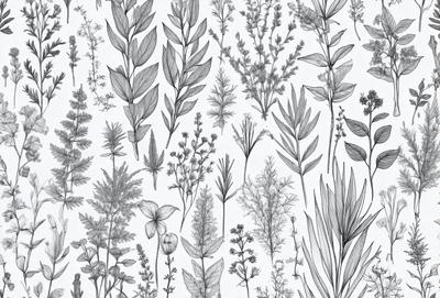 The image features a collection of various plants, including flowers and leaves, arranged in a pattern. The plants are depicted in black and white, giving the scene a classic and timeless appearance. The primary subject of the image is the diverse assortment of plants, showcasing their unique shapes and textures. The setting is a white background, which allows the plants to stand out and be the main focus of the image. The visual style is a combination of drawing and illustration, creating a detailed and artistic representation of the plants.