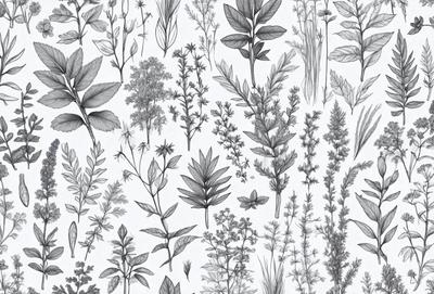 The image features a collection of various plants, including flowers and leaves, arranged in a pattern. The plants are depicted in black and white, giving the scene a classic and timeless appearance. The primary subject of the image is the diverse assortment of plants, showcasing their unique shapes and textures. The setting is a white background, which allows the plants to stand out and be the main focus of the image. The visual style is a combination of drawing and illustration, creating a detailed and artistic representation of the plants.