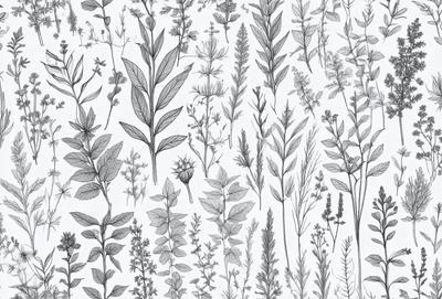 The primary subject of the image is a collection of various plants, flowers, and leaves. The setting is a white background, which provides a clean and minimalistic appearance. The visual style is a combination of digital art and illustration, creating a detailed and intricate pattern. The colors and mood of the image are predominantly black and white, giving it a classic and timeless feel.