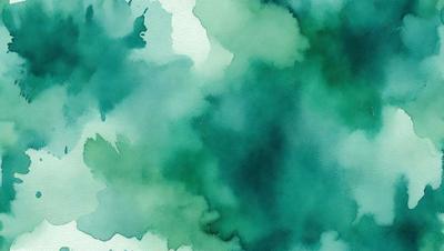 The primary subject of the image is a watercolor painting featuring a green and blue color scheme. The painting is set against a white background, giving it a clean and minimalist appearance. The visual style of the painting is that of a watercolor, which is characterized by its fluid and organic lines. The dominant colors in the painting are green and blue, creating a serene and calming atmosphere.