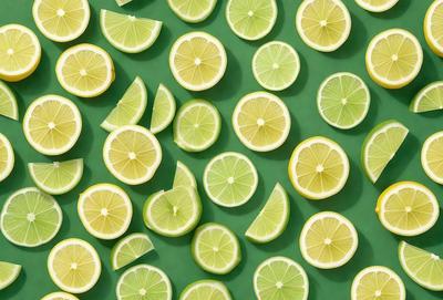The primary subject of the image is a large number of green lemons. They are arranged in a pattern, covering the entire green surface. The visual style of the image is a close-up of the lemons, showcasing their vibrant green color and texture. The overall atmosphere of the image is fresh and lively, as the lemons are the main focus and dominate the scene.