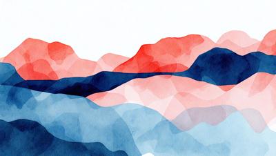 The primary subject of the image is a mountain range, which is depicted in a watercolor style. The setting is a blue and red sky, creating a vibrant and dynamic backdrop. The visual style is a combination of digital art and illustration, giving the image a unique and artistic appearance. The dominant colors in the image are blue and red, which contribute to the overall mood of the scene, evoking a sense of adventure and exploration.