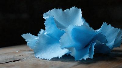 The primary subject of the image is a blue, shiny, and textured piece of fabric, possibly a piece of leather or a blue flower. The setting is a wooden table, and the visual style appears to be a close-up of the fabric. The colors and mood of the image are predominantly blue, creating a calm and serene atmosphere.