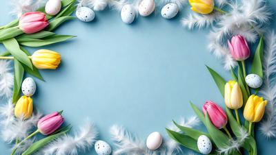 The primary subject of the image is a blue background with a variety of eggs and flowers arranged on it. The setting is a table, and the visual style is a combination of photo and digital art. The dominant colors are blue and white, creating a calm and serene atmosphere.