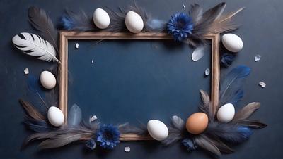 The primary subject of the image is a blue frame with a picture of eggs and feathers. The setting is a table, and the visual style is a photo. The dominant colors are blue and white, creating a calm and serene atmosphere.