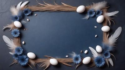 The primary subject of the image is a blue frame with a picture of eggs and feathers. The setting is a table, and the visual style is a combination of photo and digital art. The dominant colors are blue and white, creating a calm and serene atmosphere.
