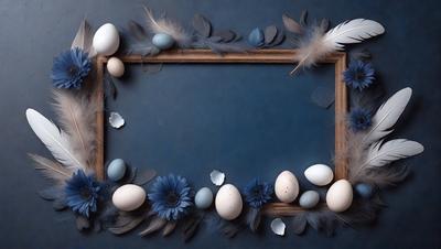 The primary subject of the image is a blue frame with a variety of eggs and feathers. The setting is a blue background, and the visual style appears to be a combination of photo and digital art. The dominant colors are blue and white, creating a calm and serene atmosphere.